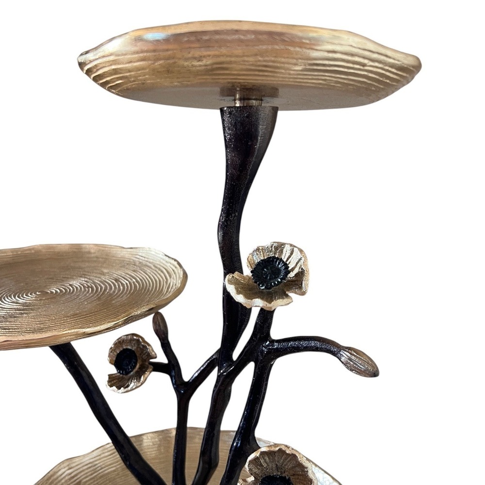 3 Tier Gold Tone Aluminum Botanical Branch Poppy Flower Display Stand 14" - Picture 10 of 11